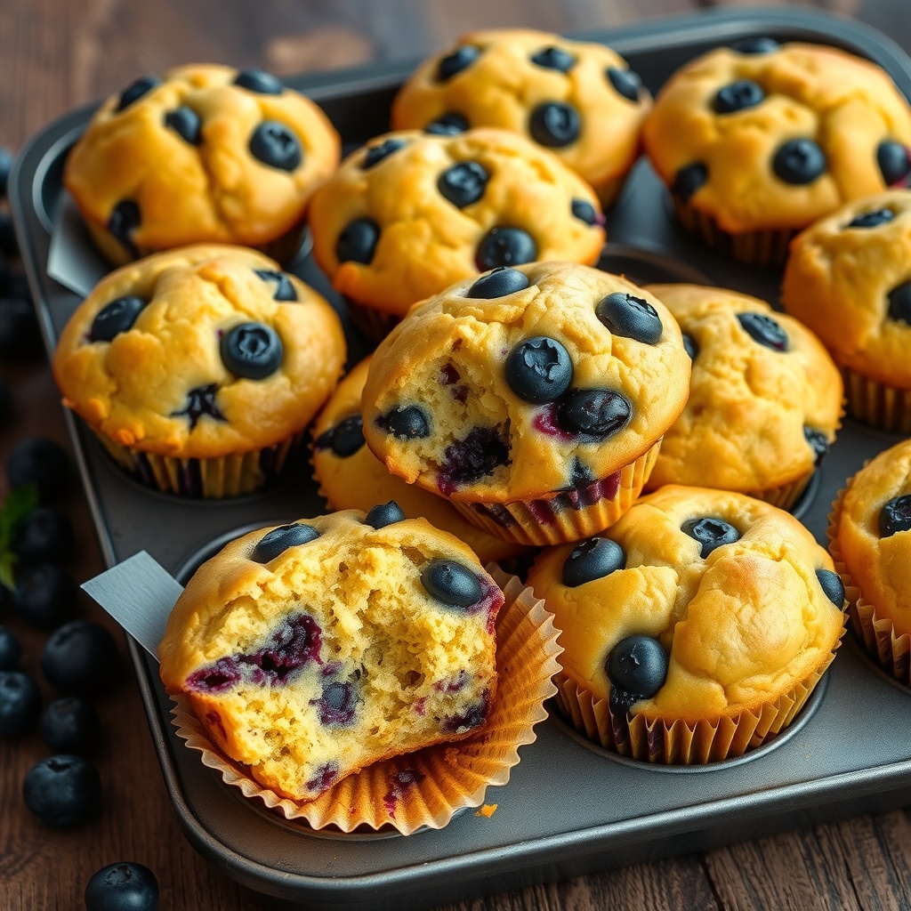 Delicious Blueberry Corn Muffins Recipe Freshly baked blueberry corn muffins on a tray, showcasing golden tops and blueberries.